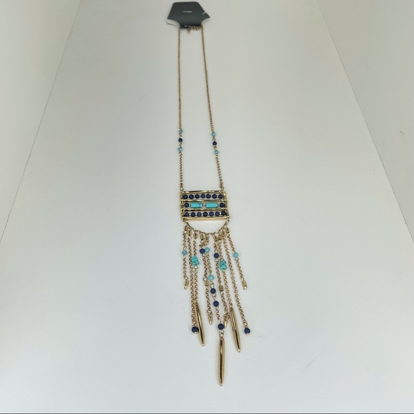 Long Beaded Statement Necklace Turquoise Color Gold Tone Jewelry Necklace - Picture 6 of 7